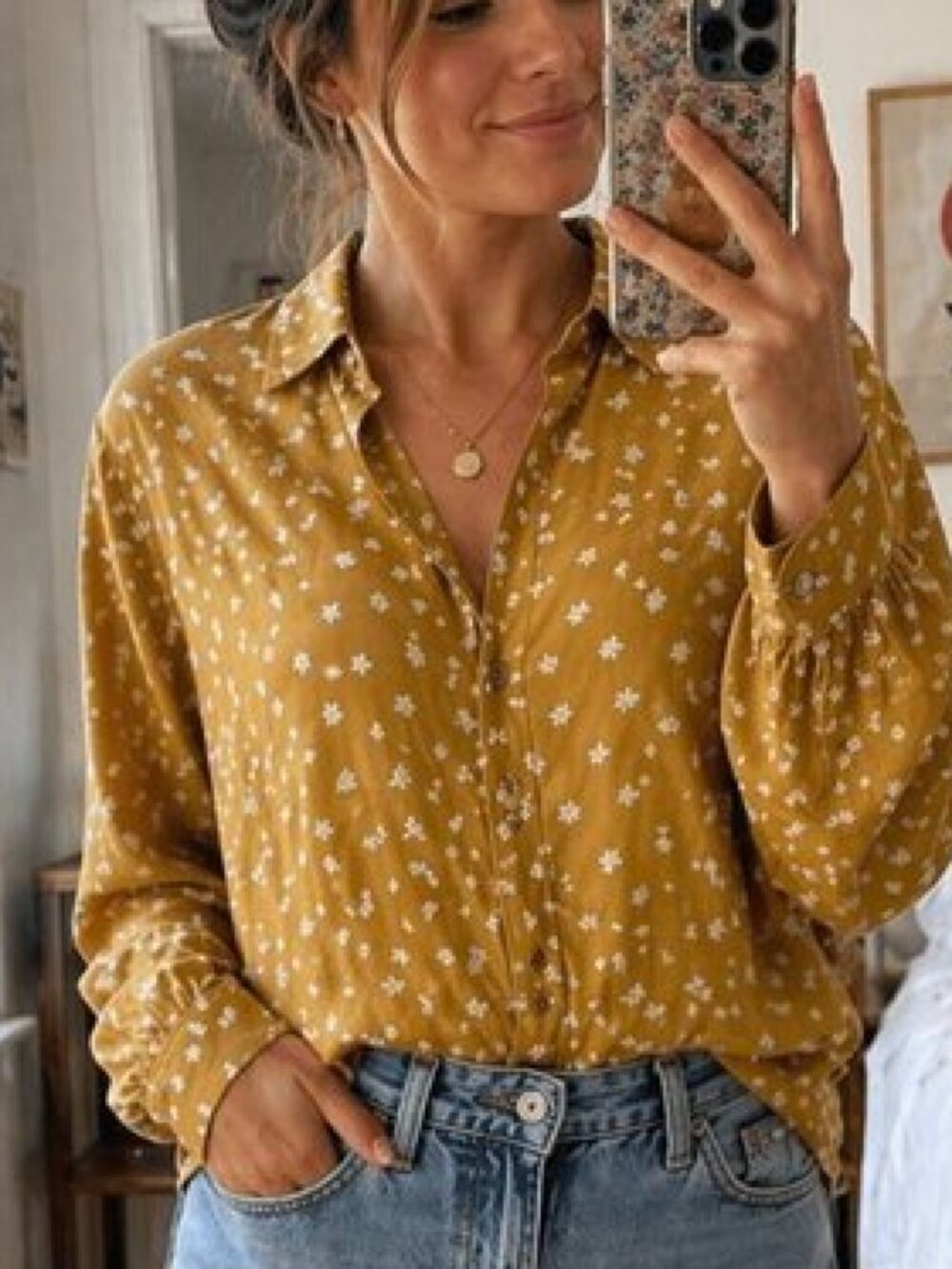 Saint Laurent Silk Viscose Floral Blouse Mustard Button Down Italy Small Hole